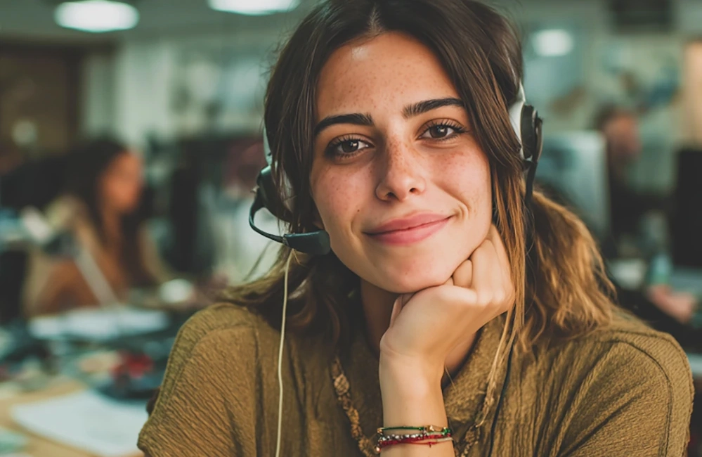 Support technician with headphones looking at the camera