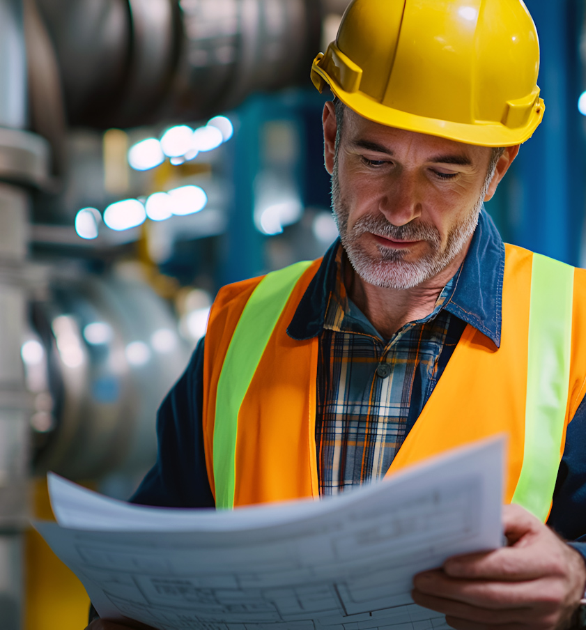 Energy worker looking at blueprints