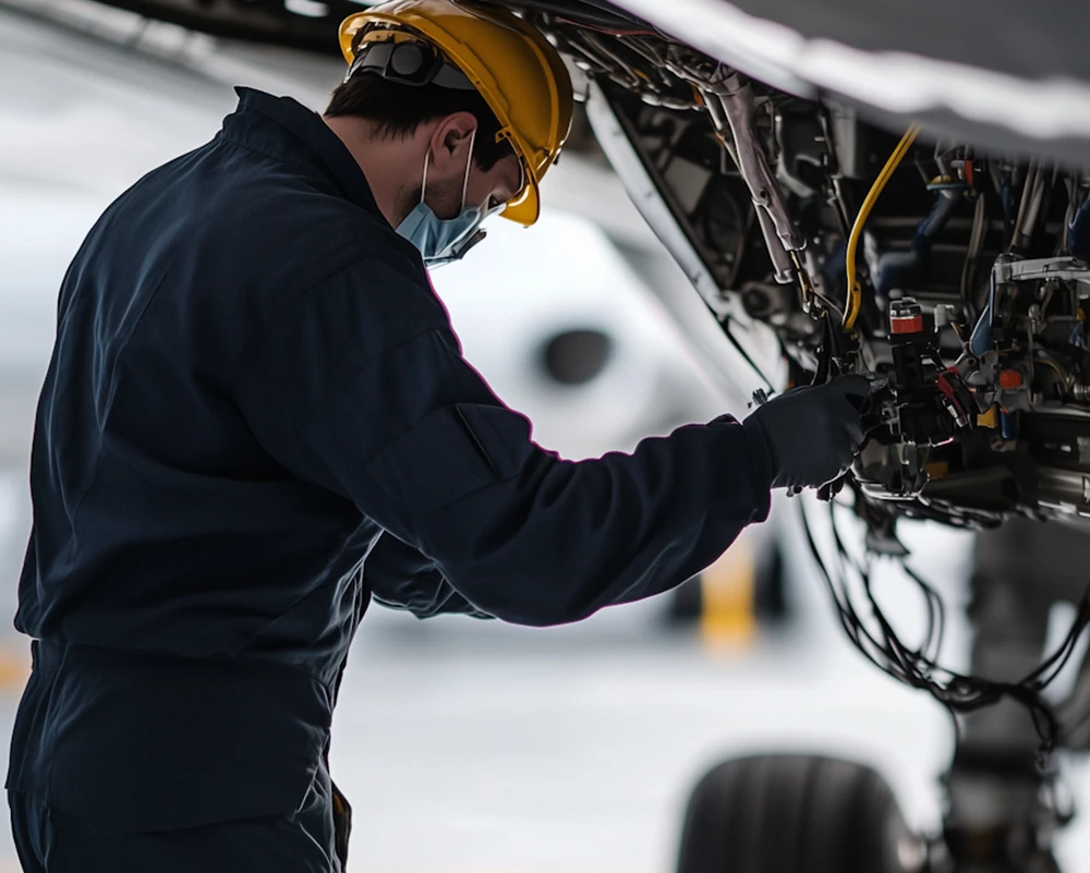 Engineer doing maintenance on a plane